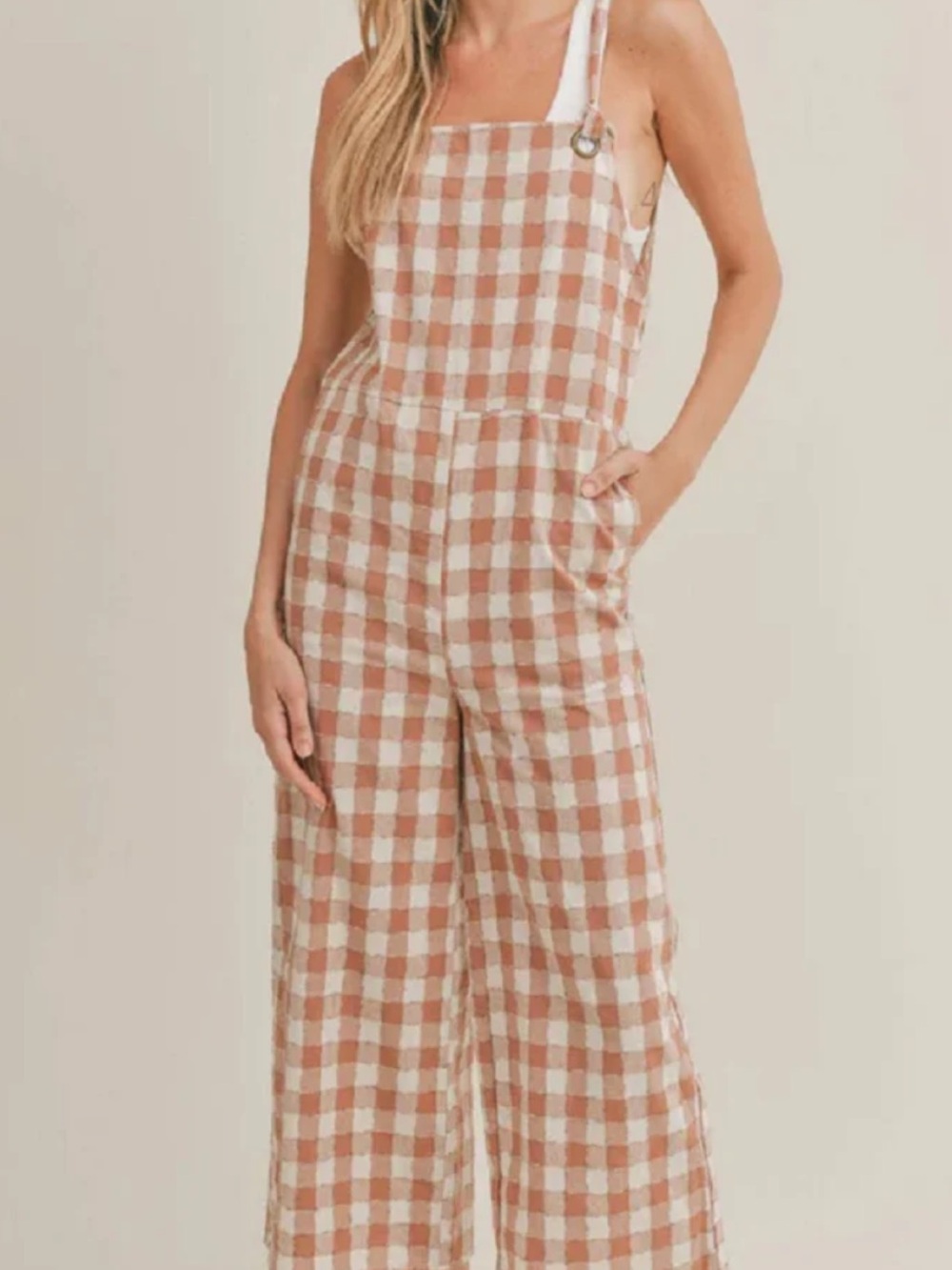 Sadie & Sage Beige and White Gingham Wide-Leg Jumpsuit